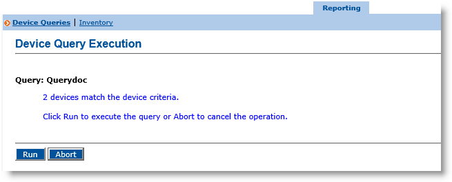 Device Query Execution dialog box with a Run button and an Abort button